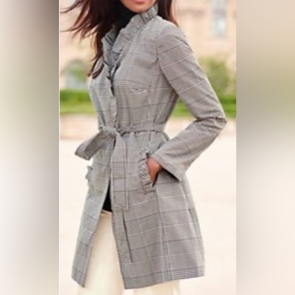 Talbots Houndstooth Ruffle‎ Belted Rain Trench Coat Jacket Size 2P